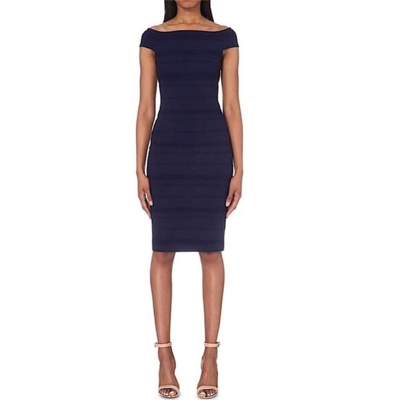 NWT TED BAKER Sz 4 Bardot Dark Blue Off Shoulder Striped Textured Bodycon Dress - Picture 1 of 8